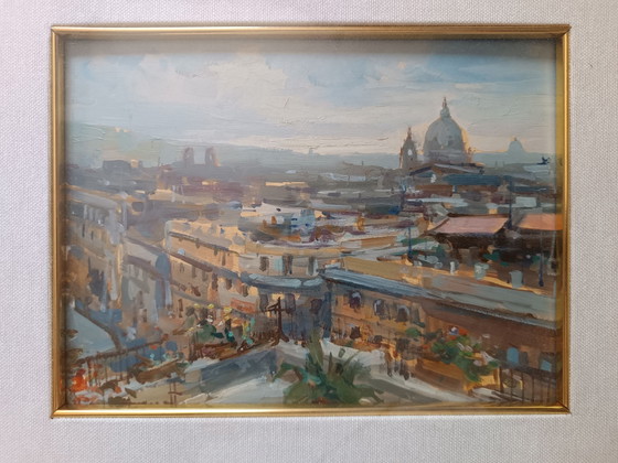Vue de Rome (huile sur panneau Claudio Simonetti), Objets d'art, Papier, Bois, Bleu (photo 3 sur 6)