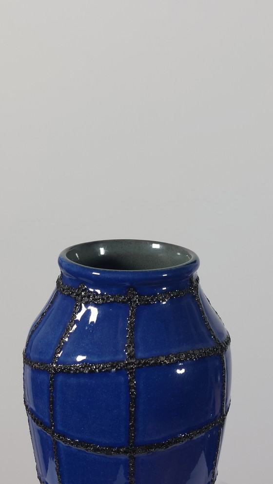 Image 1 of Vintage Ceramic Vase Fat Lava Spiderweb Blue