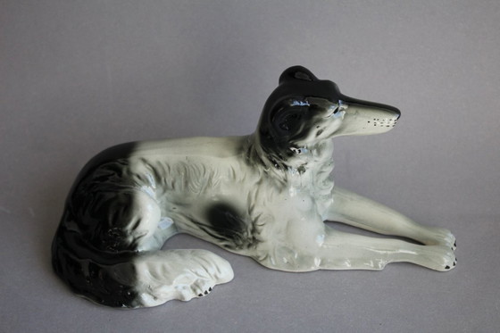 Image 1 of Galgo ruso (Borzoi), tumbado, con manchas blancas y negras, probablemente Scheidig Gräfenthal.