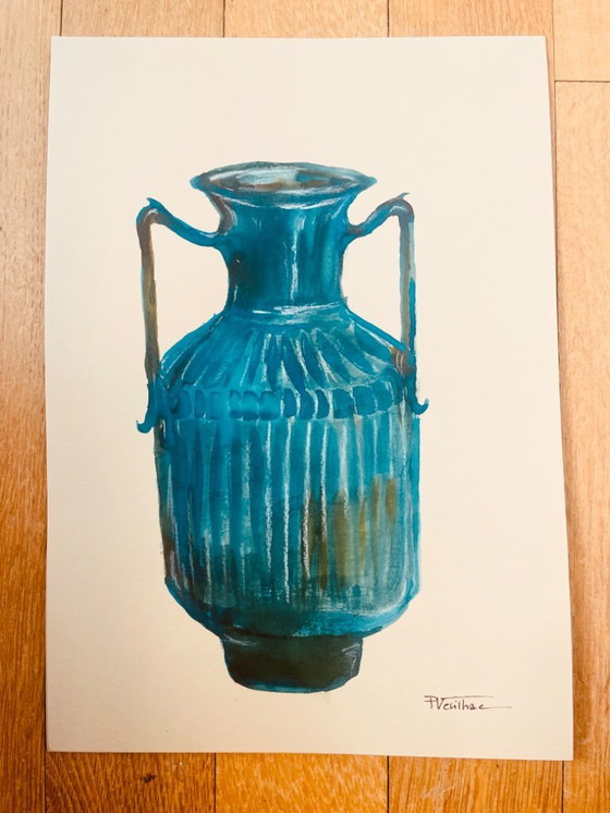 Image 1 of Dipinto ad acquerello e inchiostro firmato Wabi Sabi China Vase