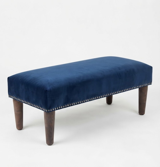 Mid-Century Hungarian Bench in Blue Velvet with Nailhead Trim – Benches, Wood, Mid Century Modern (photo 3 of 6)