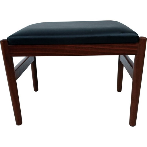 Repose-pieds vintage danois en teck recouvert de cuir noir, années 1960