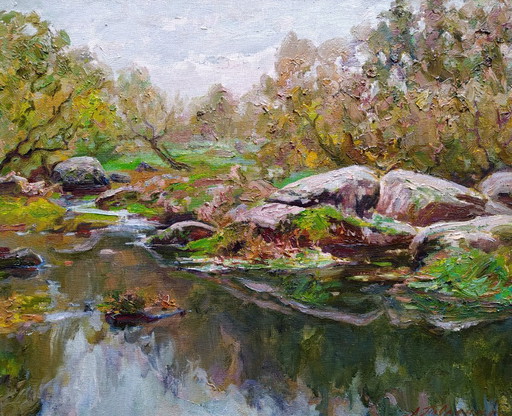 Pintura al óleo original Paisaje natural Costa rocosa Bosque de verano A la orilla del río