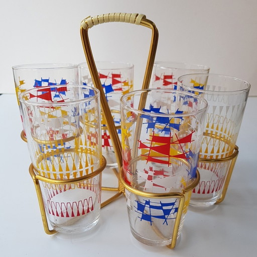 6X Confetti Decorated Drinking Glasses In Brass Holder, 1950S