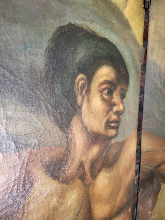 Image 1 of Zeldzaam handgeschilderd Art Deco kamerscherm – in de stijl van Michelangelo’s “Schepping van Adam” (ca. 1920–1935)