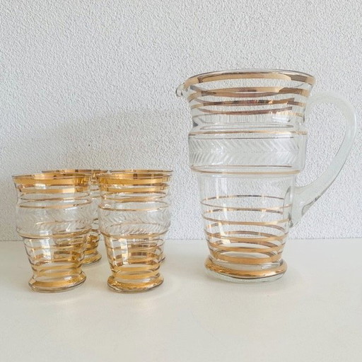 Antike Art Deco Glas Dekanter Set Gold Booms Glas 1930er Jahre