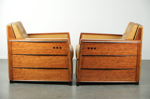2 x Prachtige gele rundleren Art Deco design fauteuil van Schuitema, model Frank, uit de Decoforma serie