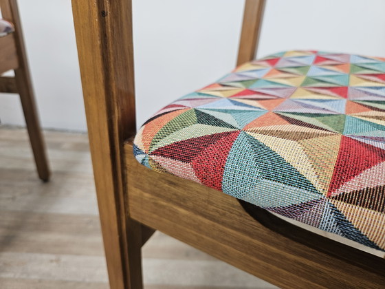 Image 1 of Beuken eetkamerstoelen met geometrische zitting uit 1950
