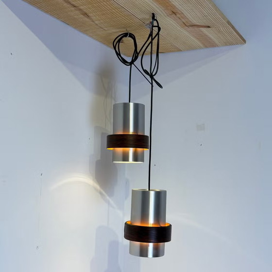 Jo Hammerborg, Vintage Pendant lamps with Rosewood ring, Fog & Mørup, Aluminium, Brown, Scandinavian (photo 5 of 14)