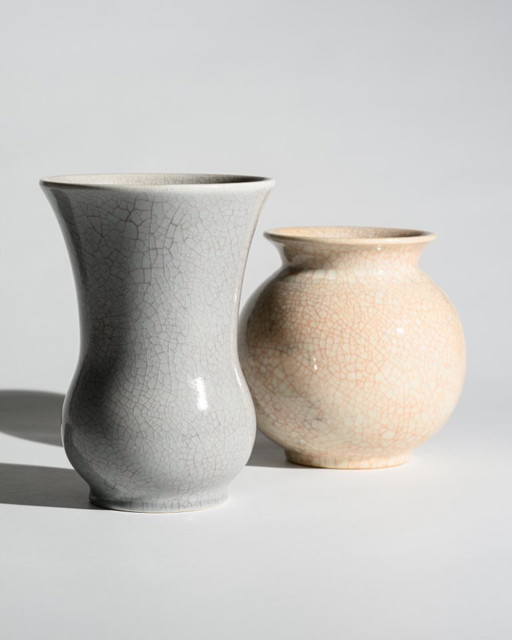 German Art Deco Crackle Glaze Ceramic Vase Duo Fürst Adolf Werkstätten Bückeburg