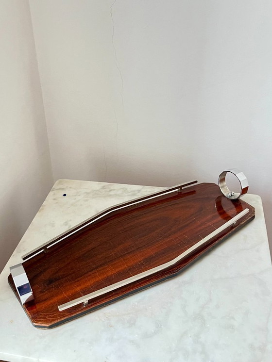 Image 1 of Plateau de service Art déco en bois et chrome – Design géométrique, vintage années 1930