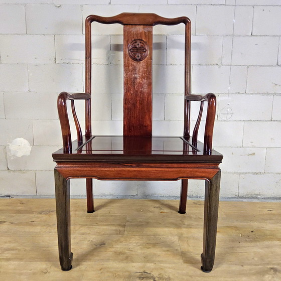 Image 1 of Set of Vintage Cherry Wood Chinese Armchairs / Asian / Bohemian Dining Table Chairs
