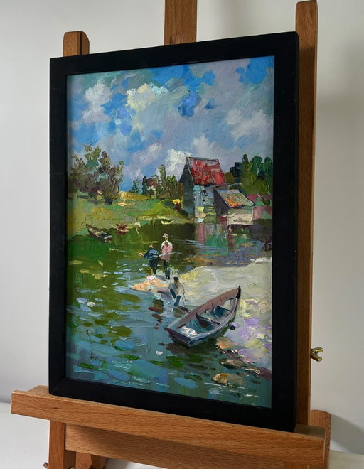 Original Oil Painting Summer River Landscape Fishermen resting near the shore