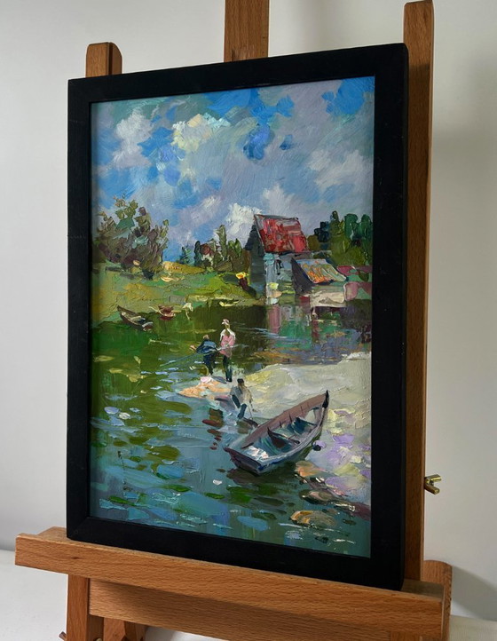 Image 1 of Original Oil Painting Summer River Landscape Fishermen resting near the shore