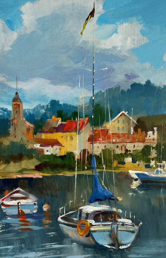 Image 1 of Origineel olieverfschilderij: Rivierboten, Landschap, Boten voor de kust van de stad