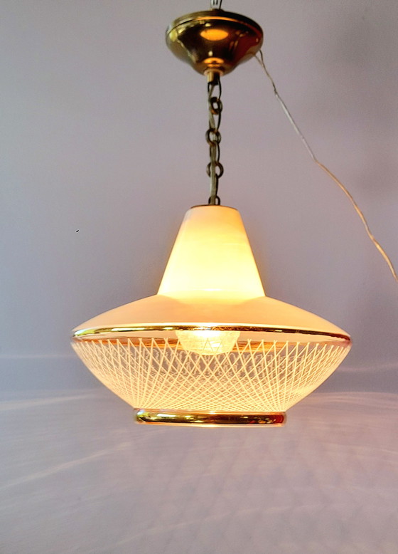 Image 1 of UFO silkscreened glass pendant light, 1970