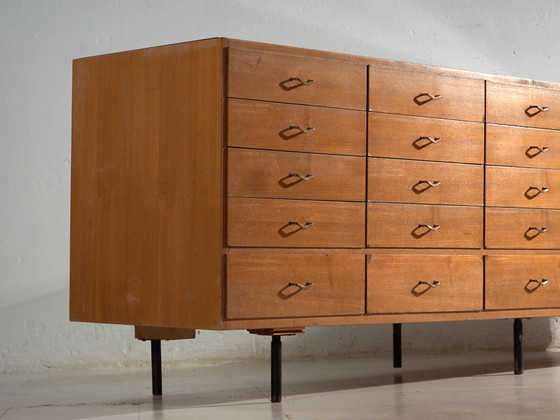 Vintage Twenty-Drawer Counter Chest, Central Europe, circa 1950, Storage cabinet, Glass, Brass, Black (photo 4 of 21)