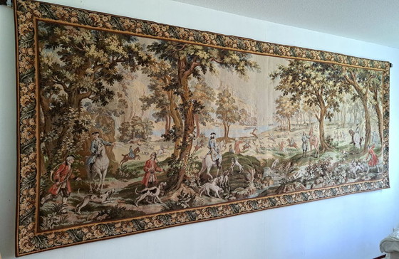 Image 1 of Large custom-made Jules Pansu French tapestry with 18th-century royal hunting scene 'en Forêt de Compiègne' 390 x 157 cm