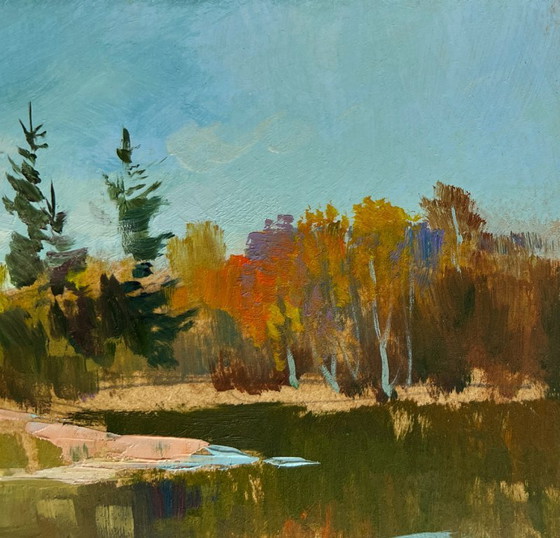Image 1 of Origineel olieverfschilderij: Herfstlandschap aan een rivier, de natuur in.