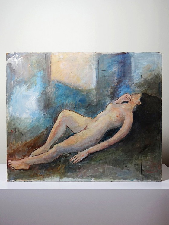 Image 1 of Large painting of a reclining nude woman, modern oil on panel, vintage style