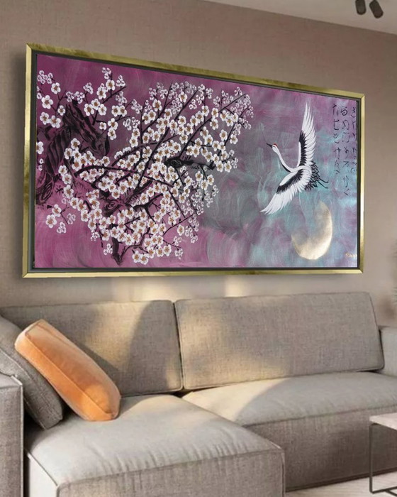 Image 1 of Grue et Sakura J504 - grande peinture originale