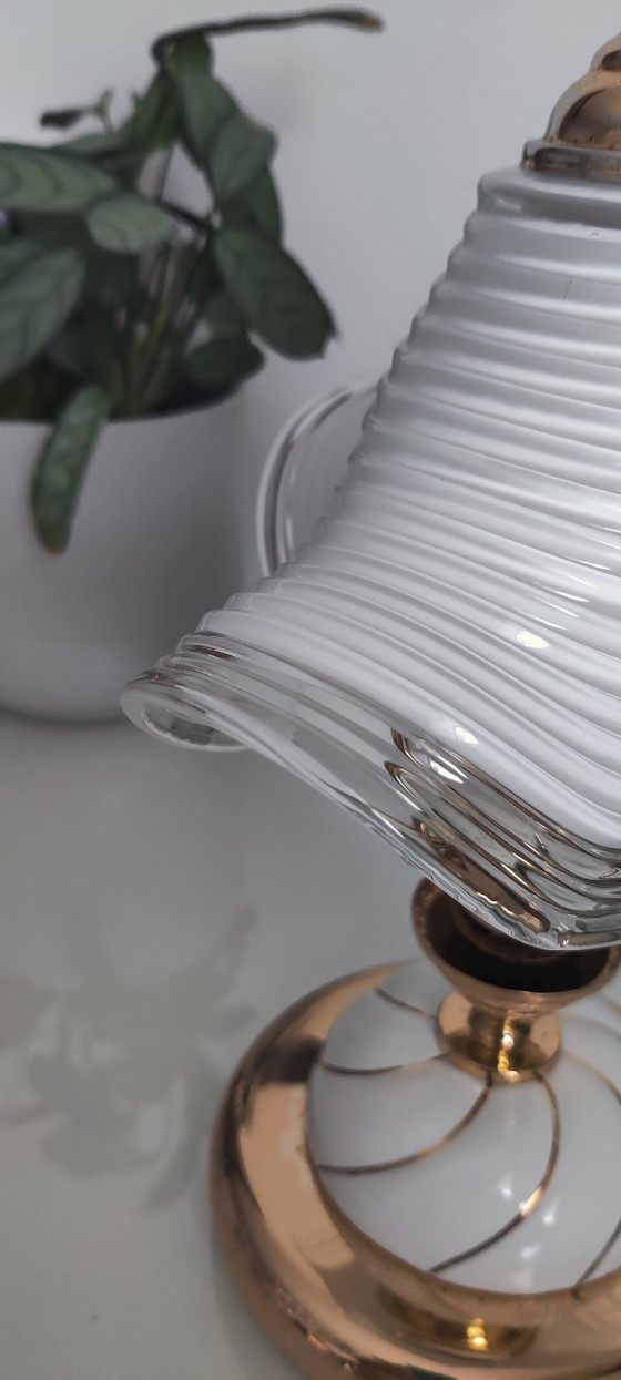 Image 1 of Vintage Hollywood Regency Table Lamps, Set of 2, Wavy Ribbed Opaline Glass, White and Gold Retro Bedside Lighting