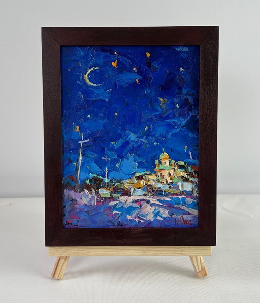 Original Oil Painting Winter Church Landscape Moonlit night over the city