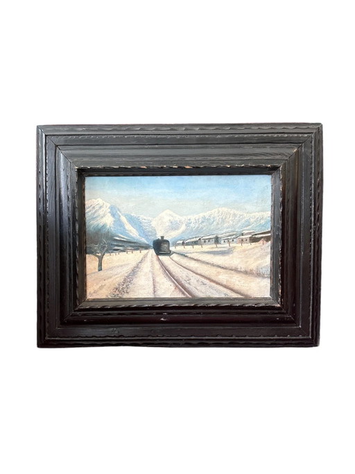 Pintura al óleo sobre tabla de Clusone con tren de Leonardi,