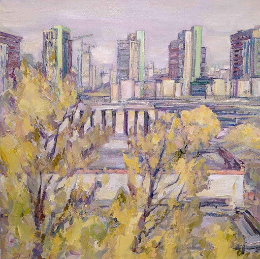Origineel olieverfschilderij Stadsgezicht Panorama Gebouwen Herfst in de stad