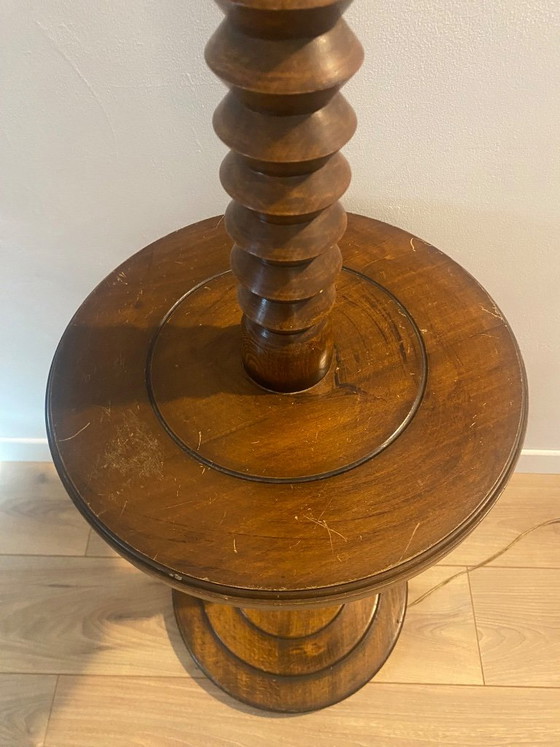 Vintage Gedraaide Houten Vloerleeslamp Charles Dudouyt met Geïntegreerde Plank – Vloerlampen, Wood (photo 3 of 6)