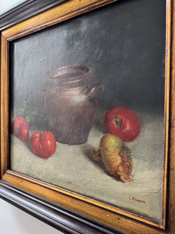 Image 1 of Still life painting, oil on antique canvas