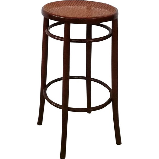 Tabouret de bar vintage en bois courbé et paille de Vienne, 1970