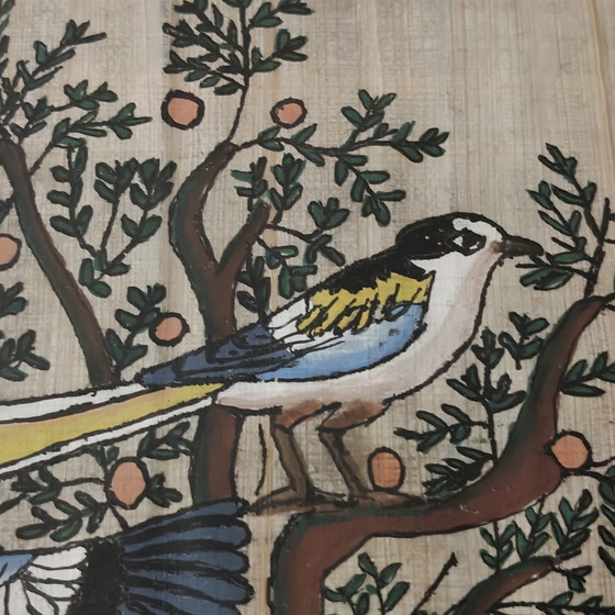 Image 1 of Vintage Hand-Painted Egyptian Papyrus Artwork with Birds – Framed