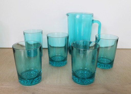 Ravenhead Hobnob turqoise drinking set, jug + glasses, original vintage '60