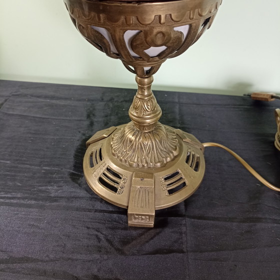 Antique Art Deco Table Lamp with Hand-Painted Earthenware – ca. 1920/1930 (Original Shade) – Bronze (photo 5 of 6)