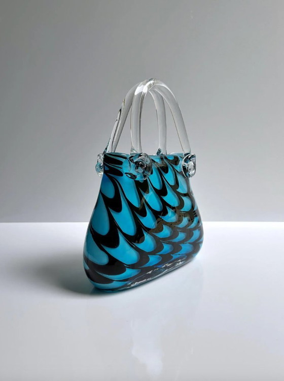 Image 1 of Vintage XXL Murano Glas Tasche Vase Swirl 80er 90er Venedig Italien Blau Türkis Schwarz Hand Münzbeutel Geldbörse Purse Opalina 