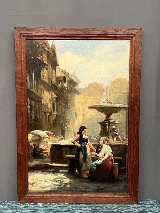 Painting "Girls at the fountain". – Paintings & Drawings, Wood (photo 8 of 8)