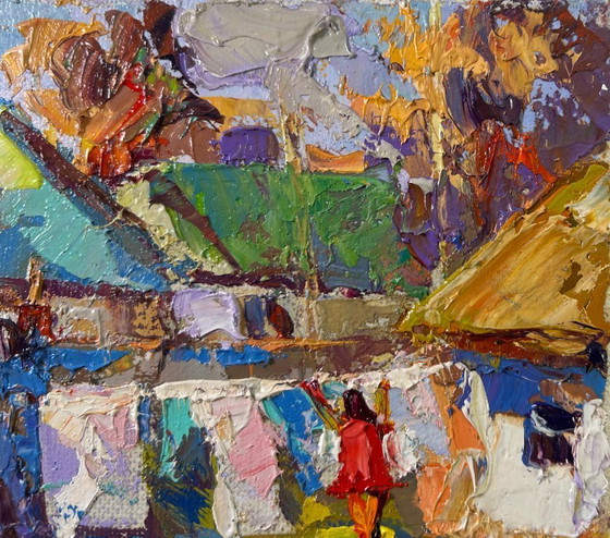 Image 1 of Origineel olieverfschilderij: Zomerdorplandschap, een zonnige dag op het platteland.