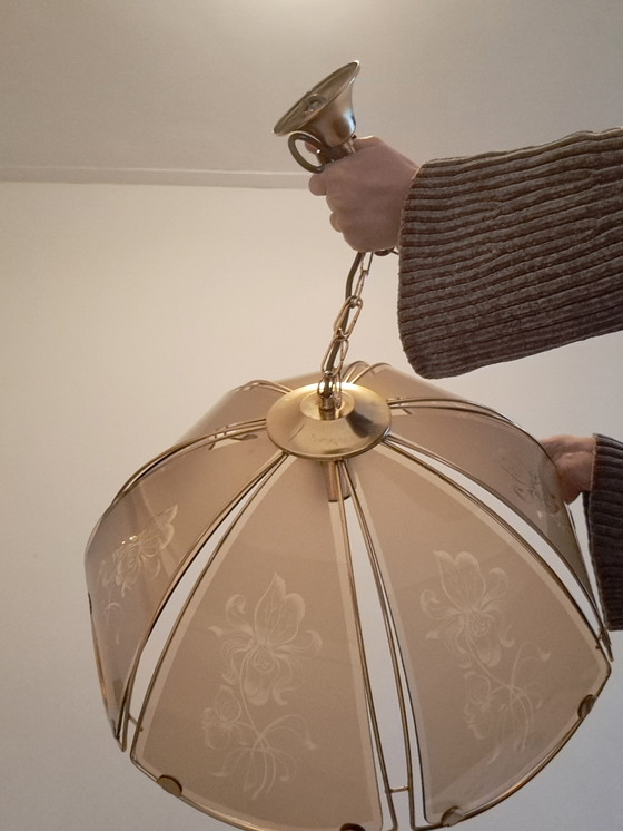 Image 1 of Vintage Hollywood Regency Ceiling Lamp / Pendant Lamp Smoked Glass Brass