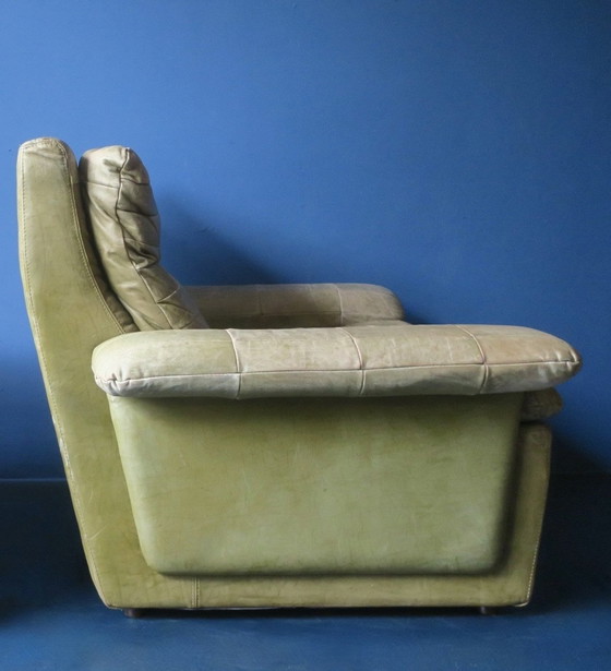 Image 1 of Patchwork Leather Lounge Chair and Ottoman in Olive Green by Laauser, 1970s