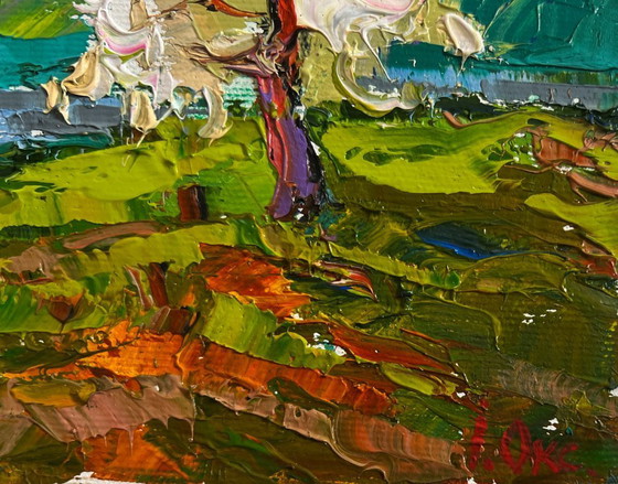 Image 1 of Original Oil Painting Spring Night Landscape Wild pear near the river