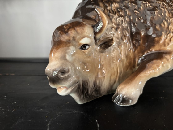 Image 1 of Large 43cm Vintage Porcelain Bison Figure, Mid 20th Century