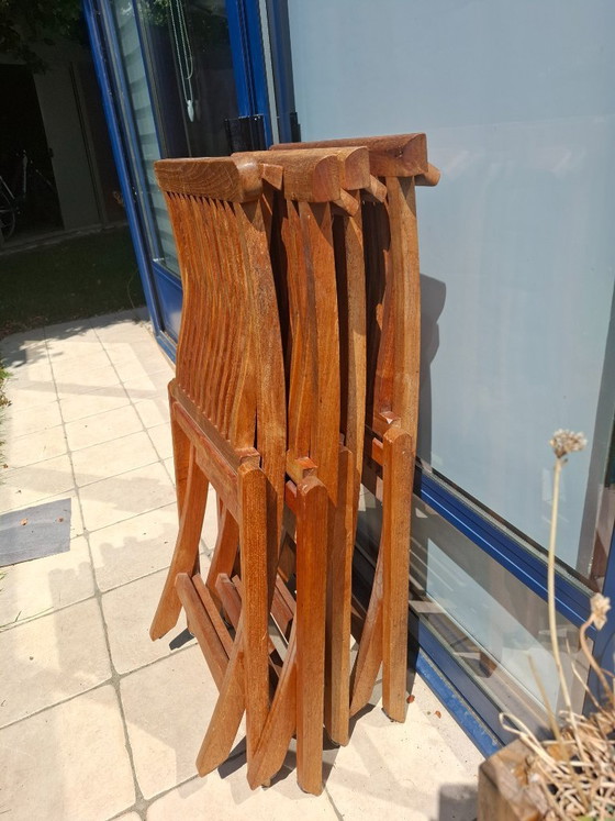 Image 1 of Lot de 4 chaises de jardin pliantes en Teck massif + 4 coussins de chaises à dossier offerts