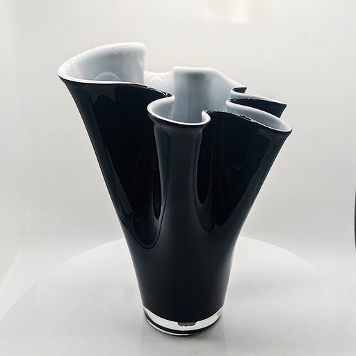 1960S  Big Jacketed Fazzoletto Vase In Murano Glass - Bright Black And White. Made In Italy
