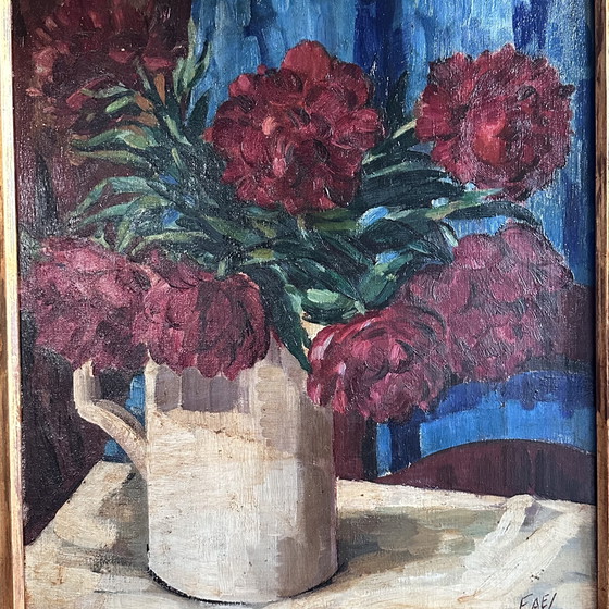 Image 1 of Vintage Oil Painting – Red Peonies in White Jug, Signed FAE, Expressive Floral Still Life, Belgian School Framed Artwork, 20th C