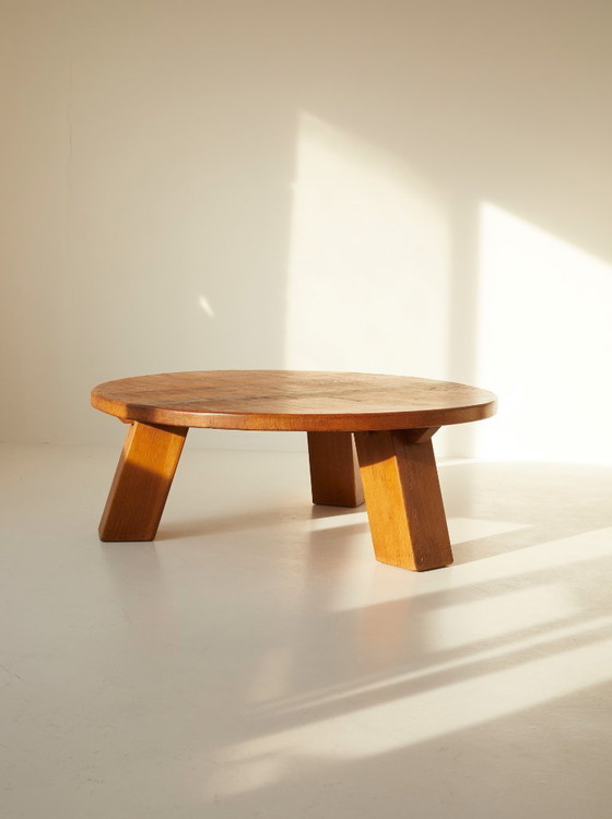 Image 1 of Vintage Brutalist round tripod coffee table in solid oak, circa 1960