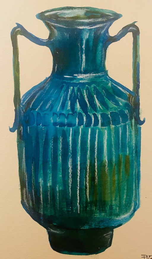 Tableau signé aquarelle et encre Vase Wabi Sabi China