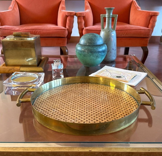 Hollywood regency luxury Vienna straw glass tray, Italy 1970, Table accessories, Brass, Rattan, Gold, Vintage (photo 3 of 7)