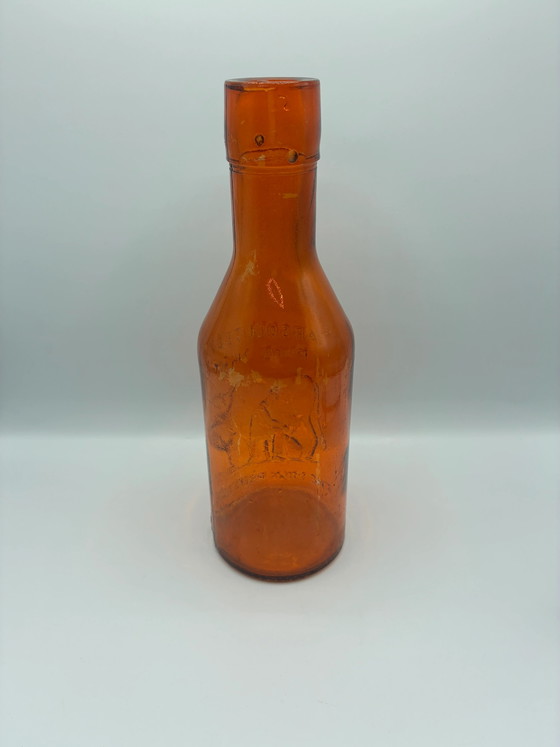 Antike bernsteinfarbene Milchflasche „Absolut reine Milch“ – Der Milchbeschützer – um 1900 (photo 4 of 6)
