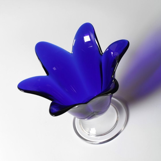 Image 1 of Cobalt Blue Vintage Glass Vase / Mid-century Tulip Flower Vase / Studio Nova / Portugal / 1980s